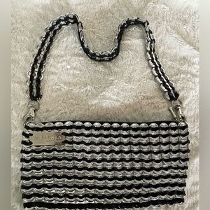 Unique walleska ecochicc black & silver beer tab woven purse.